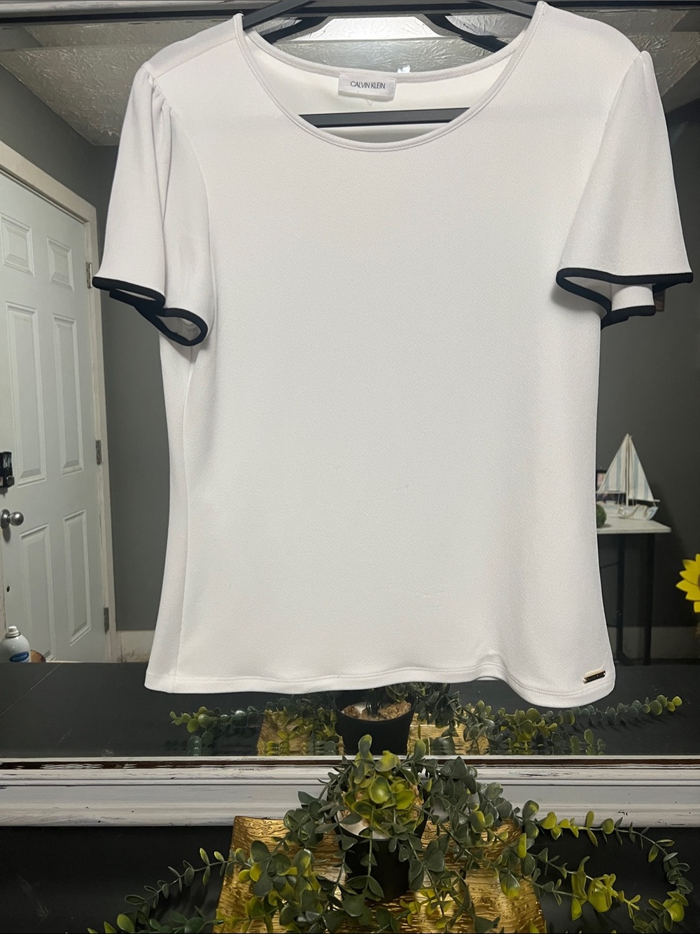 Calvin Klein White Short Sleeve Top with Black Edge
